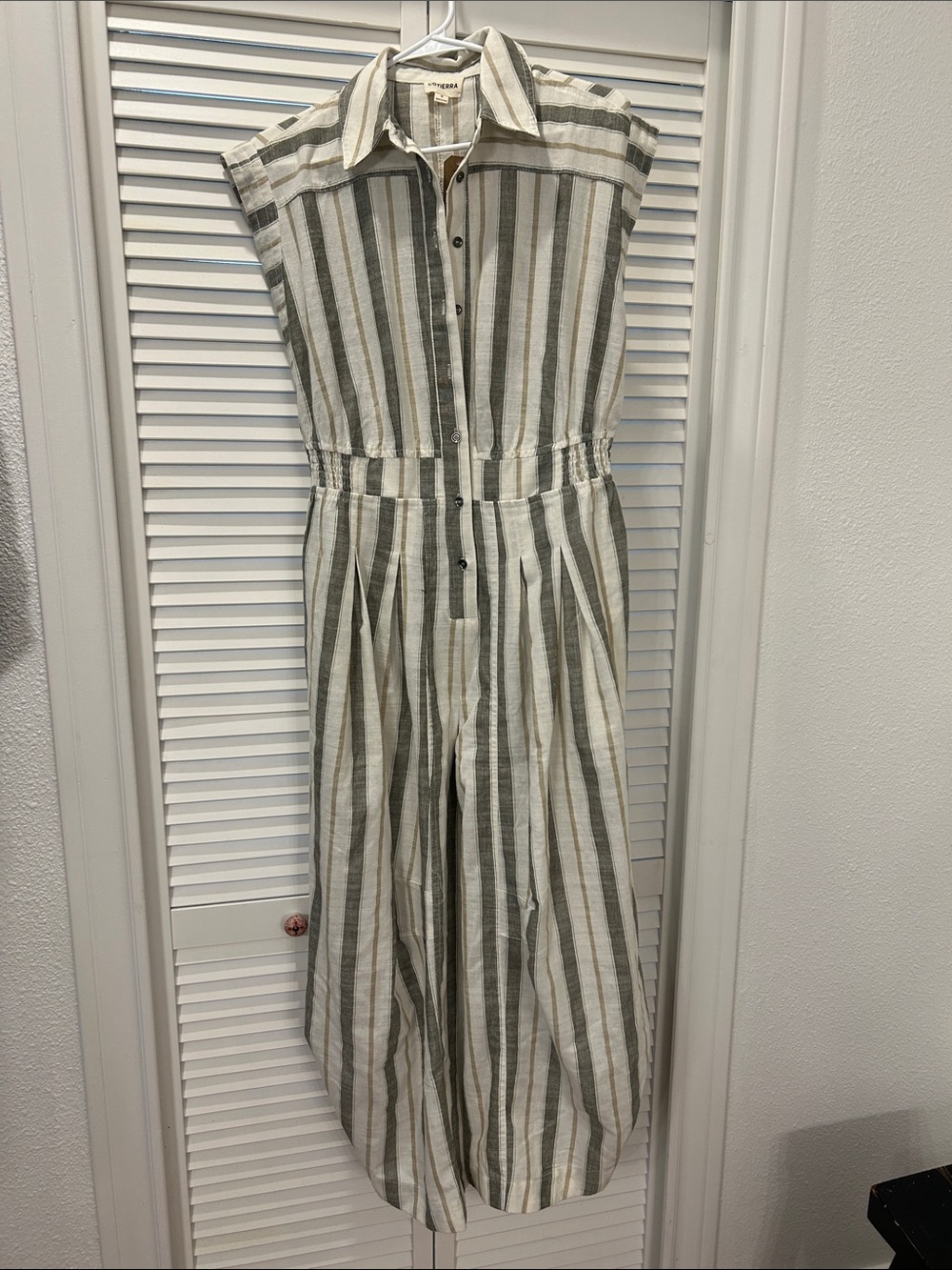 Sleeveless Striped Collared Jumpsuit in Olive & White